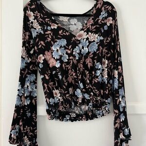 American Eagle bell sleeve dark floral top